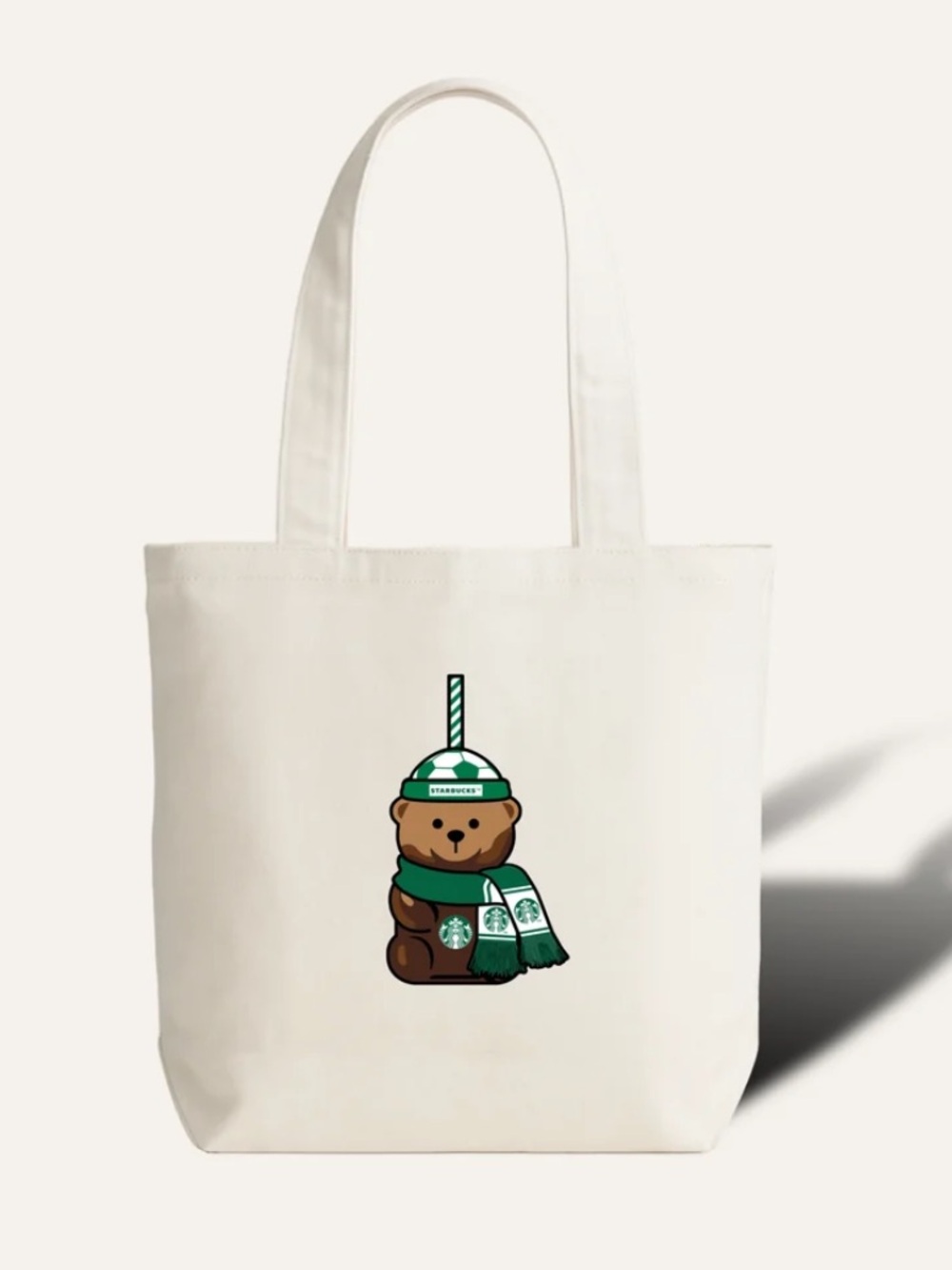 Starbucks Cream Canvas Tote with Green-Accented Bear Graphic